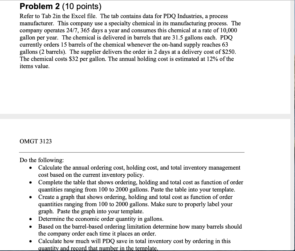 Problem 2 (10 points) Refer to Tab 2 in the Excel