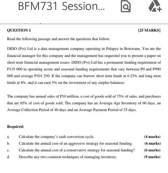 BFM731 Session... QUESTION 1 [25 MARKS) Read the