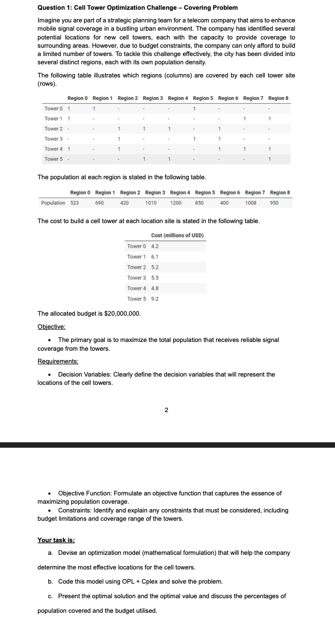Question 1 : Cell Tower Optimization Challenge -