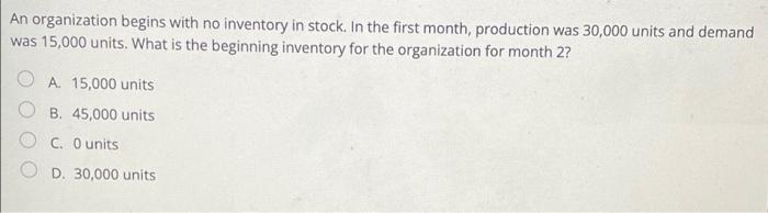 An organization begins with no inventory in