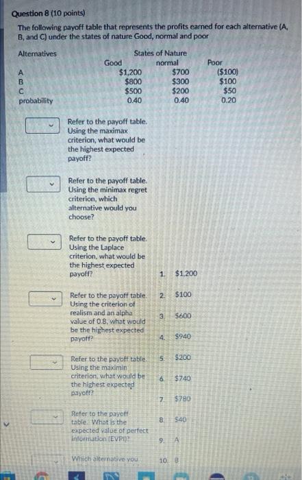 Question 8 (10 points) The following payoff table