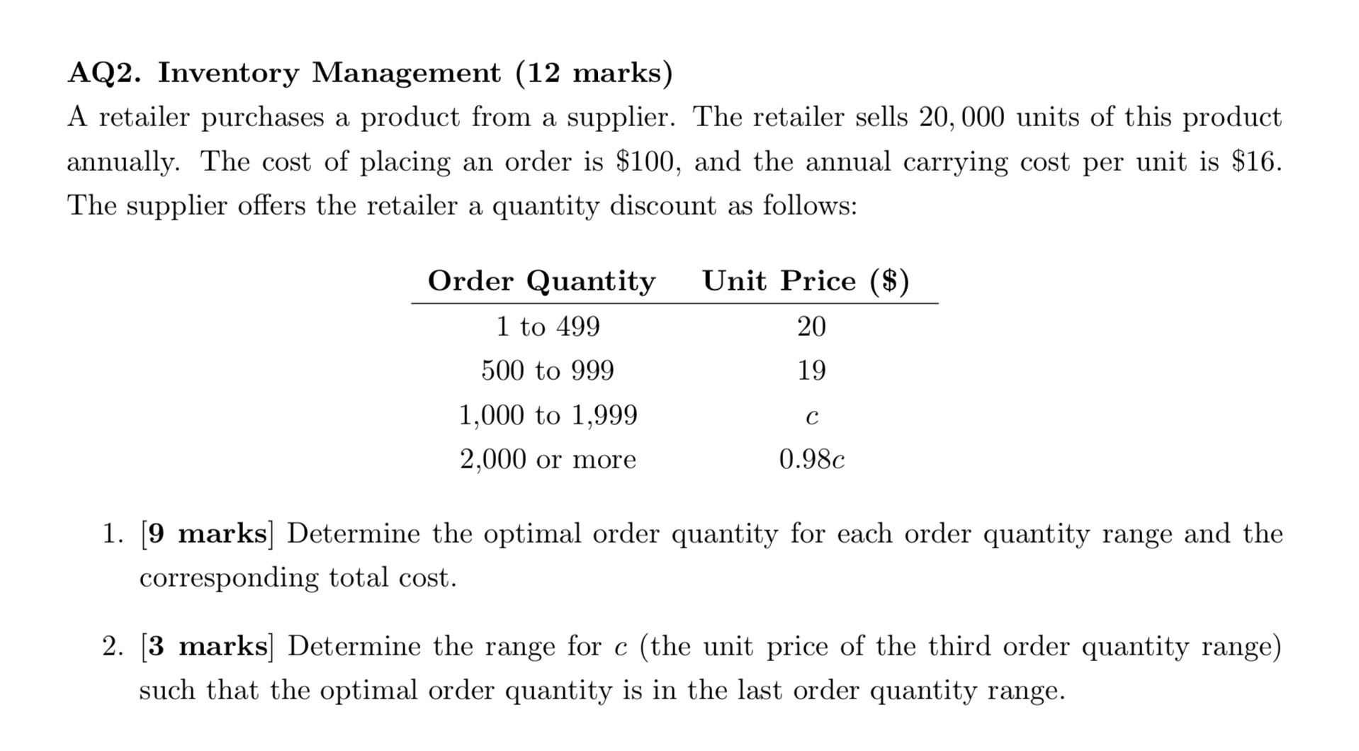 AQ 2 . Inventory Management ( 1 2 marks ) A
