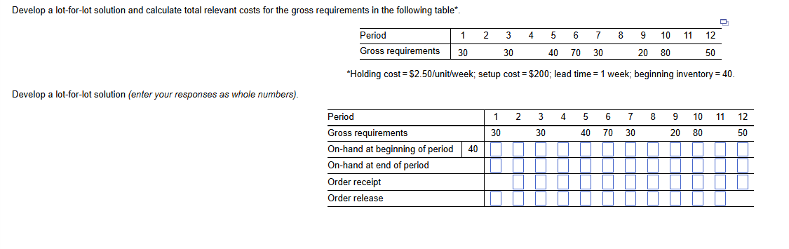 Develop a lot - for - lot solution and calculate