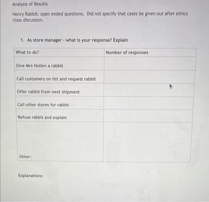 Analysis of Results Henry Rabbit: open ended