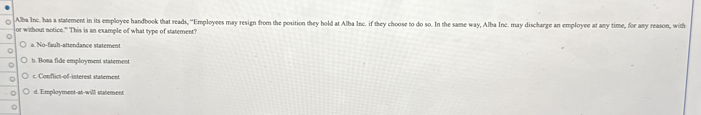 Alba Inc. has a statement in its employee