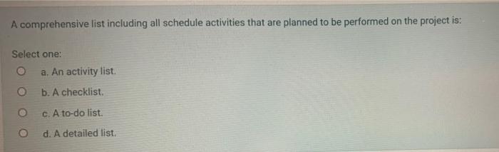 A comprehensive list including all schedule