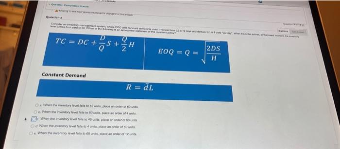 Questions CO Whe TC = DC + S + -H EOQ = Q = 2DS H