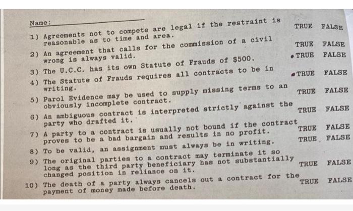 help !! Name: FALSE 1) Agreements not to compete