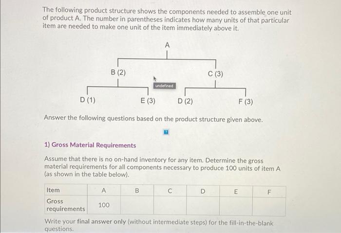 The following product structure shows the