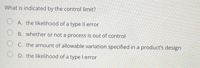 What is indicated by the control limit? O A. the