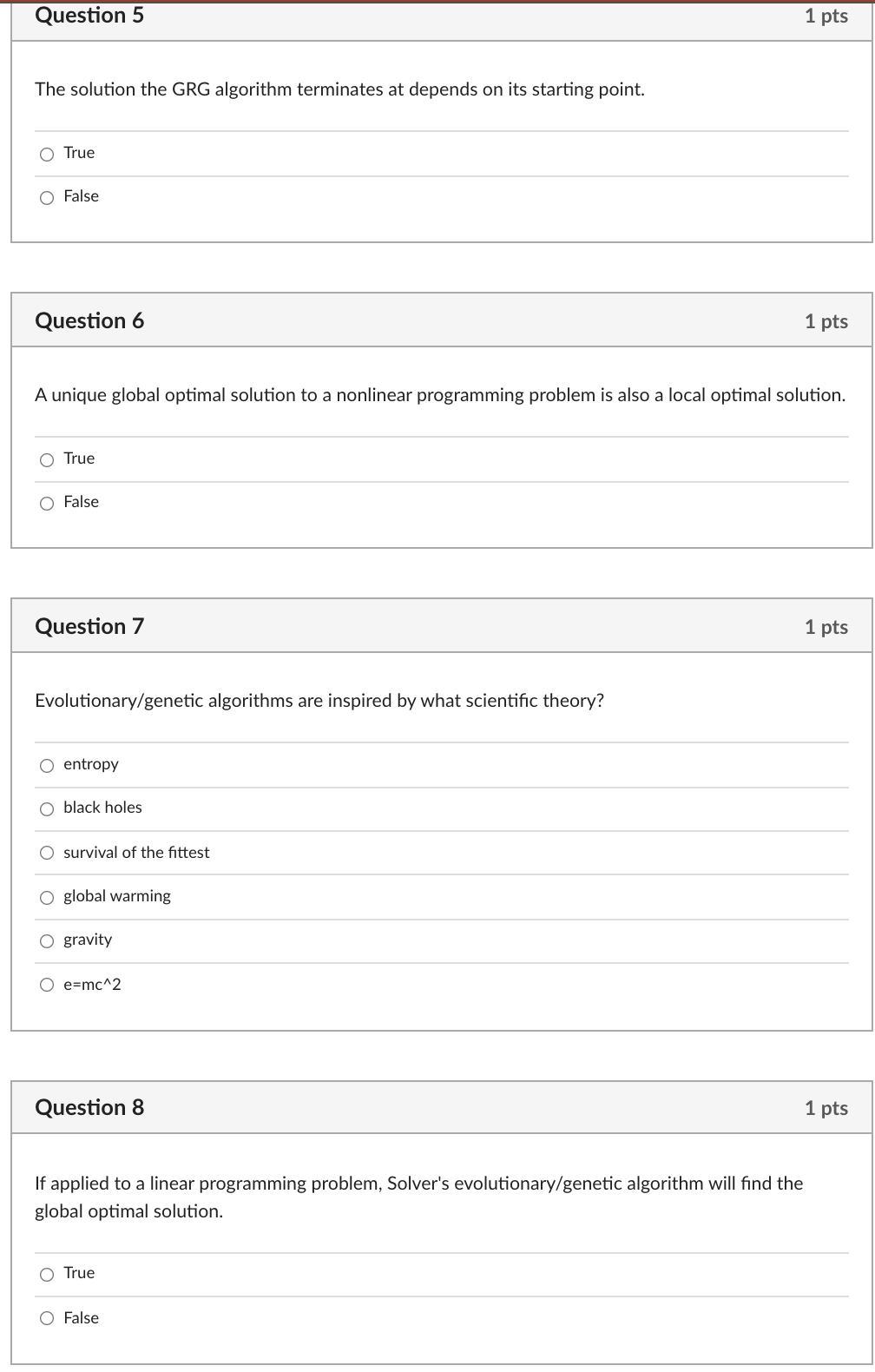 Question 5 1 pts The solution the GRG algorithm
