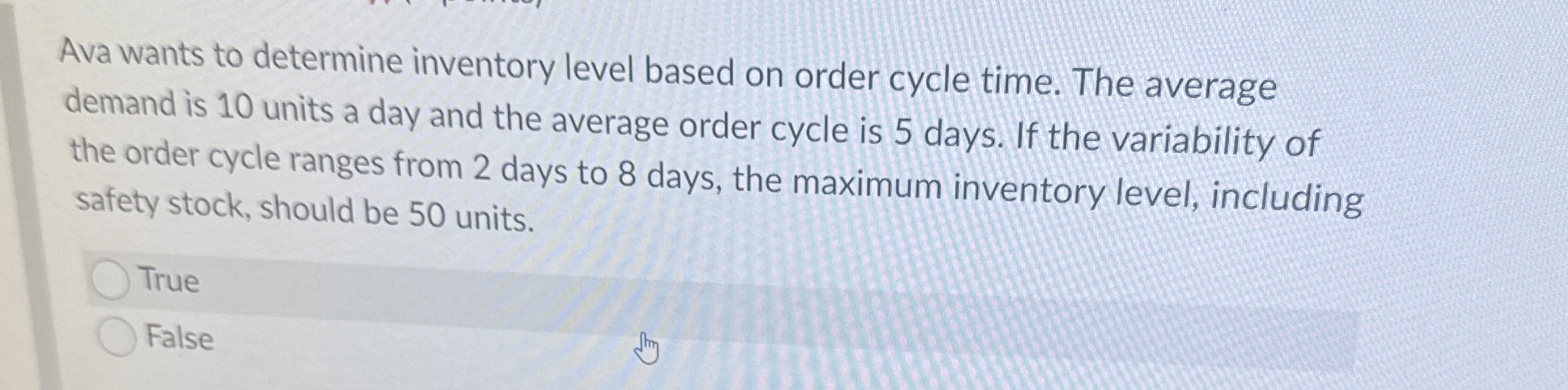 Ava wants to determine inventory level based on