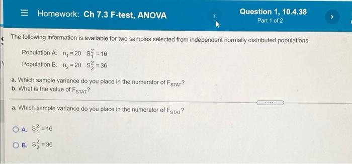 Homework: Ch 7.3 F-test, ANOVA Question 1,