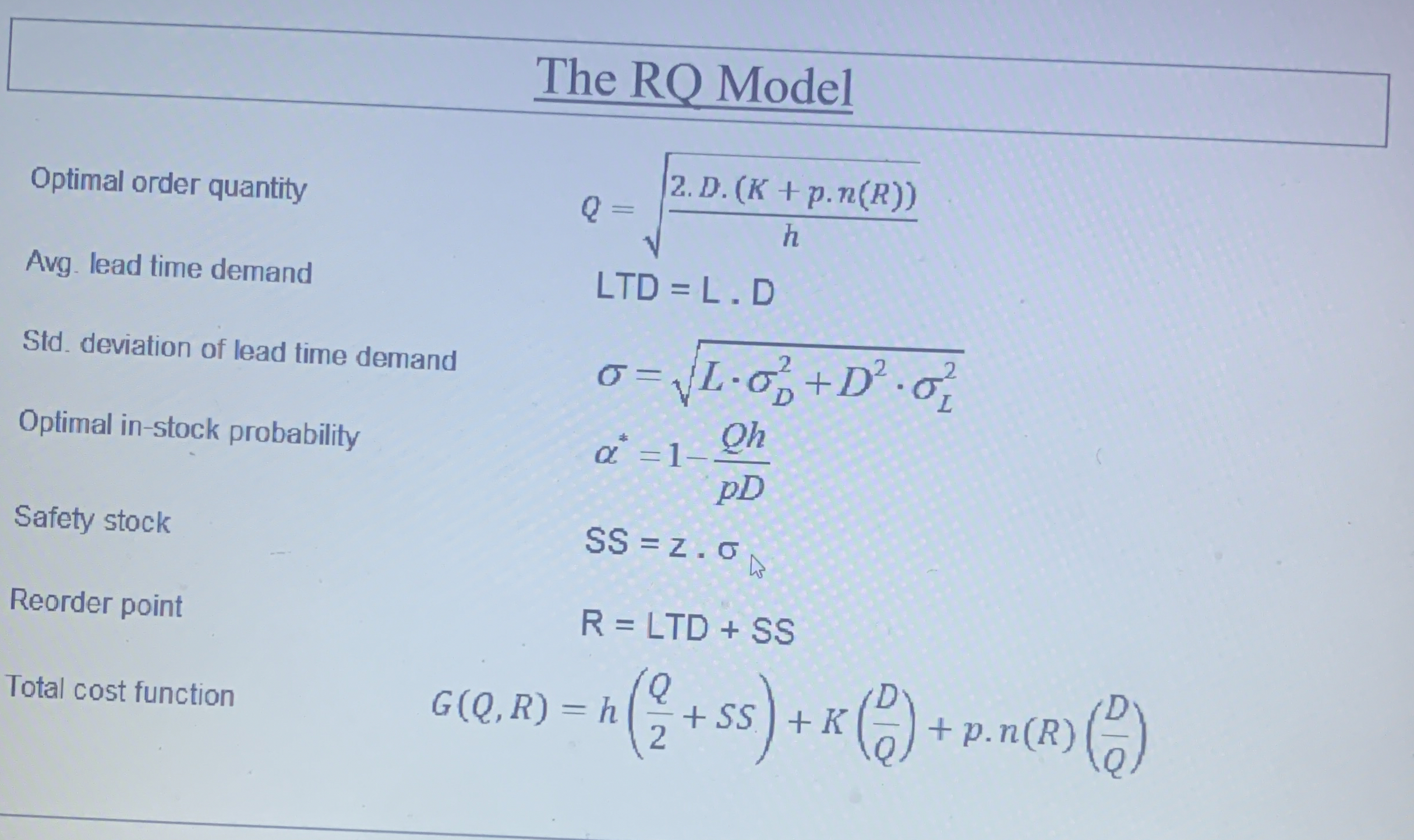 The RQ Model Optimal order quantity Q = 2 * D * (