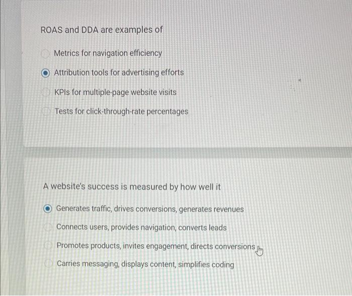 ROAS and DDA are examples of Metrics for