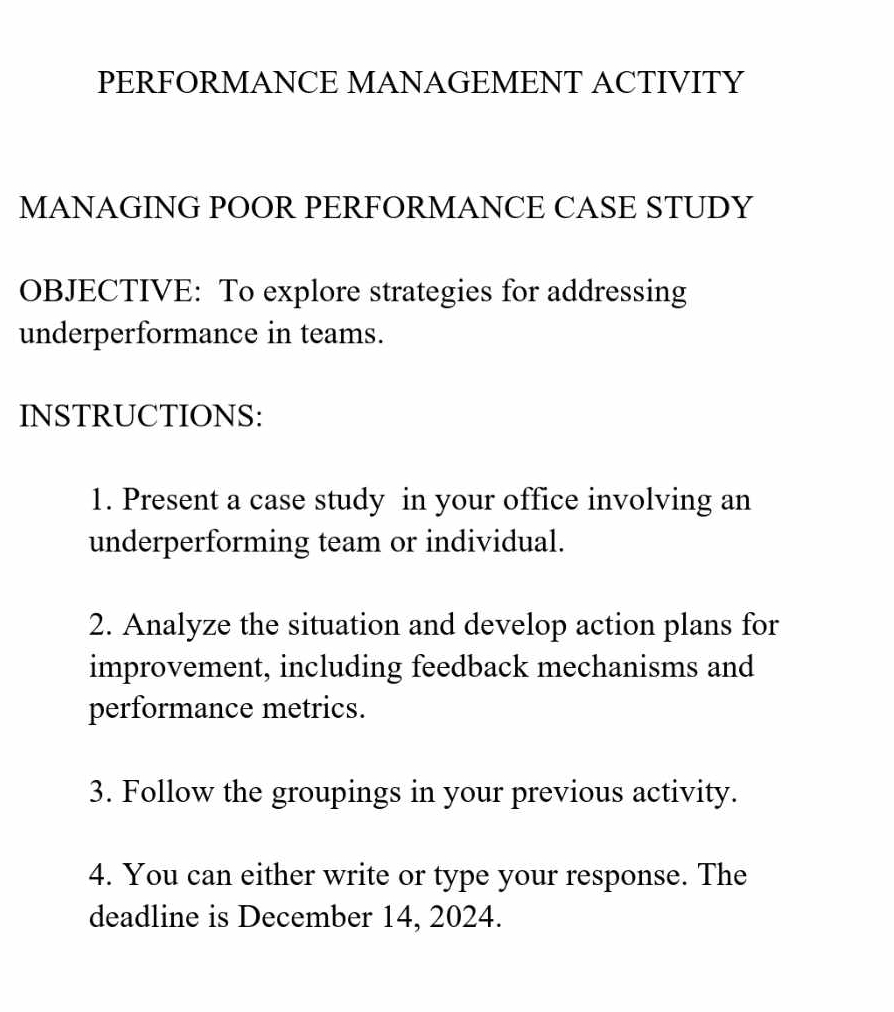 PERFORMANCE MANAGEMENT ACTIVITY MANAGING POOR