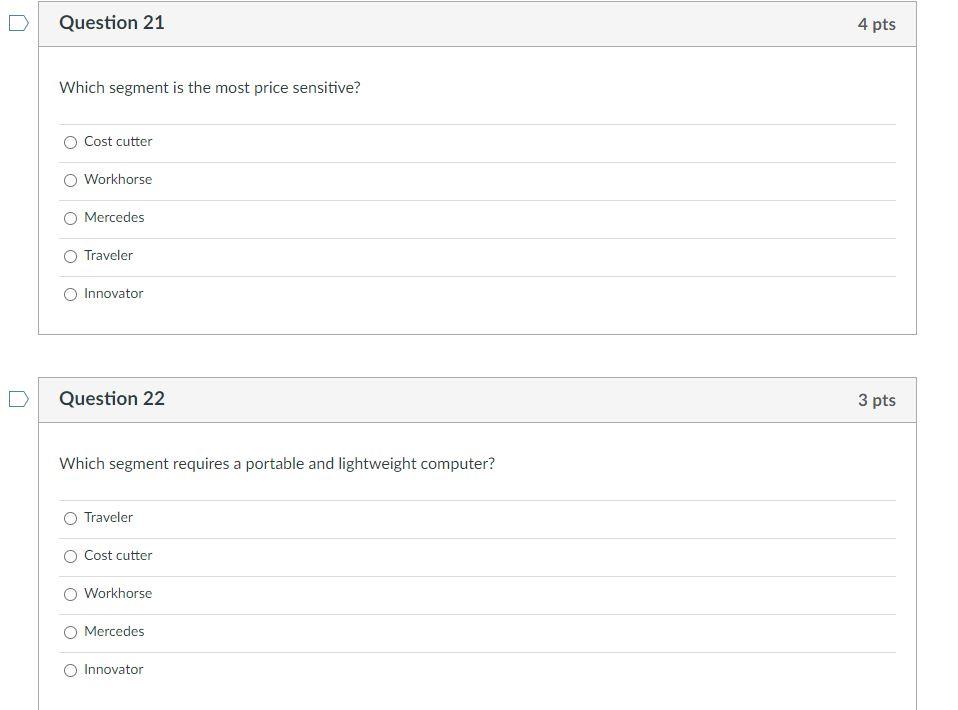 Question 21 4 pts Which segment is the most price