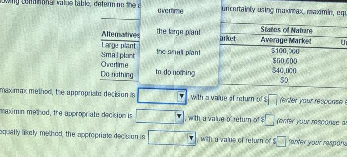 Given the following conditional value table,