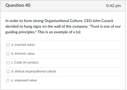 Question 30 0.42 pts is a shared system of values