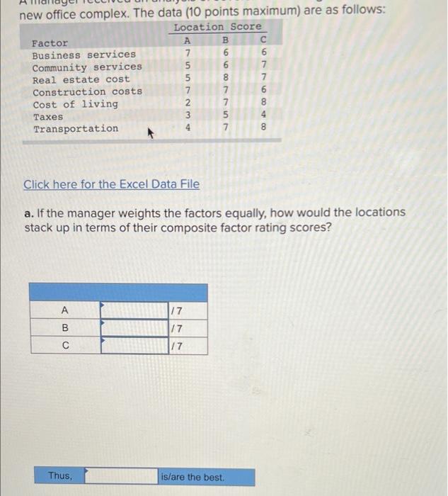 new office complex. The data (10 points maximum)