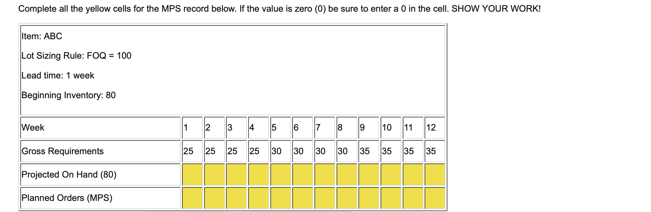 SHOW ALL WORK PLEASE Complete all the yellow