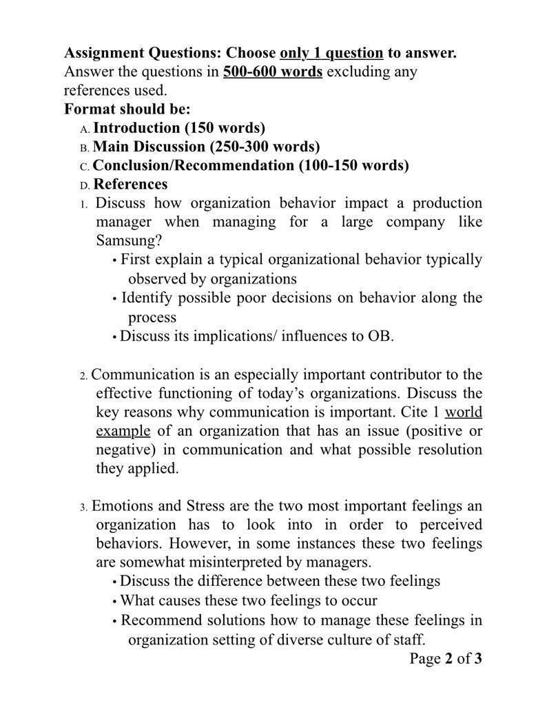note: answer q3 Assignment Questions: Choose only