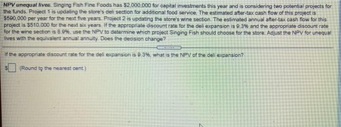 NPV unequat lives. Singing Fish Fine Foods has