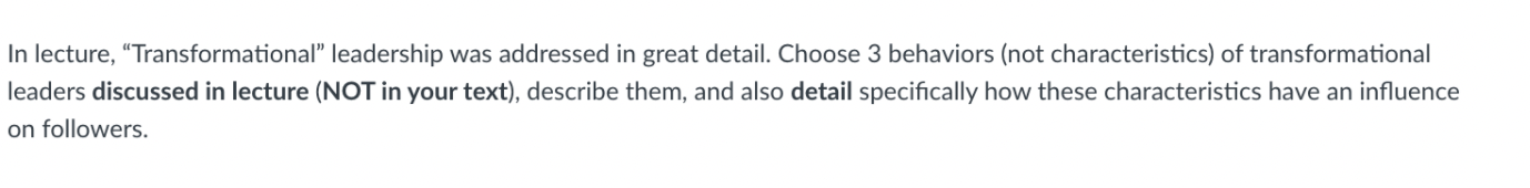 In lecture, Transformational leadership was