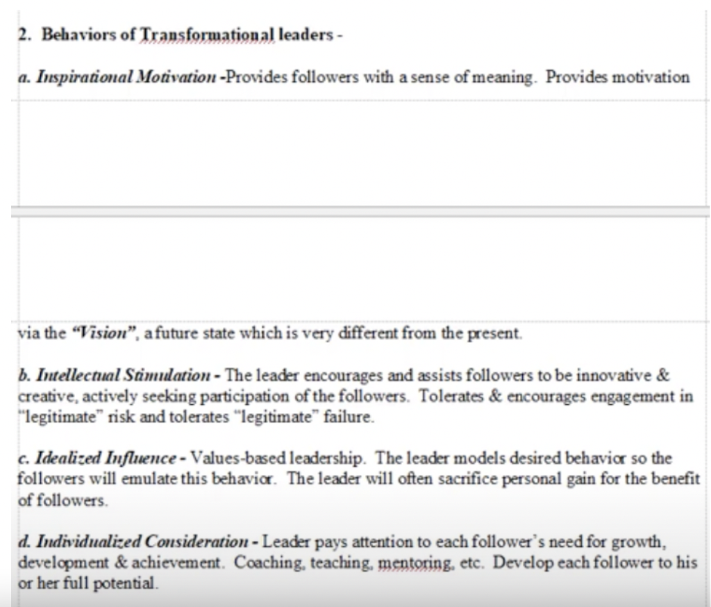 In lecture, Transformational leadership was