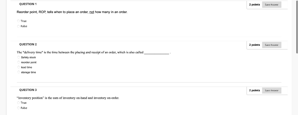QUESTION 1 2 points Save Answer Reorder point,