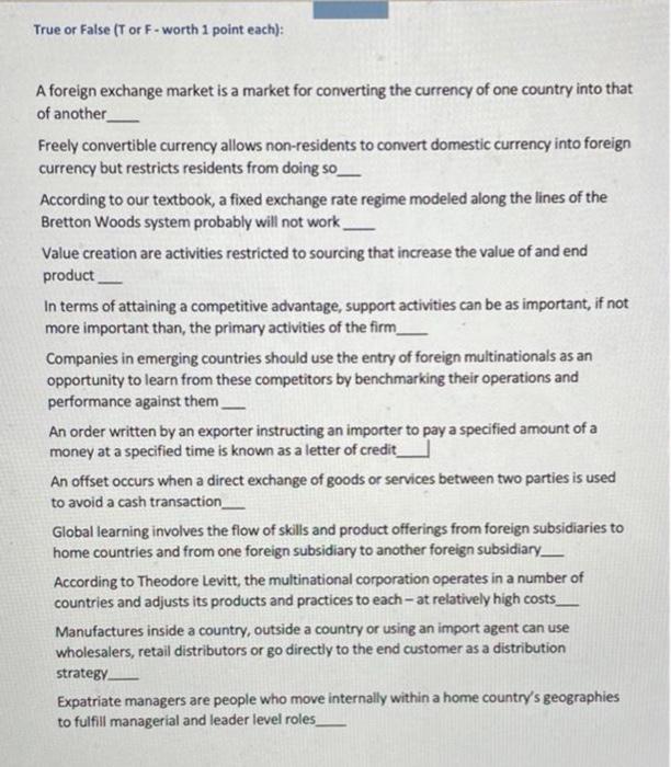 T or F for all these! PLEASE!!! True or False