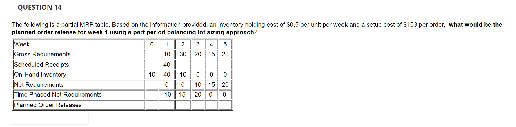 QUESTION 14 The following is a partial MRP table.