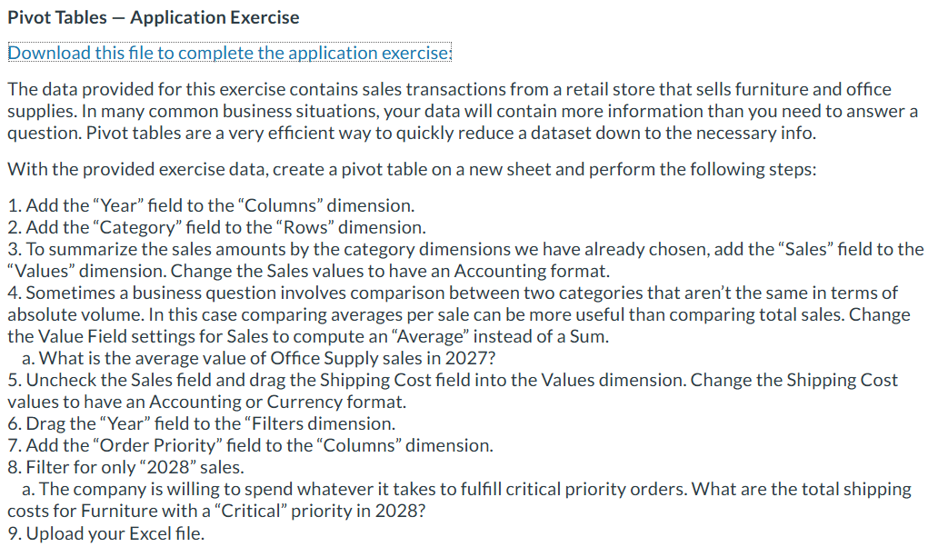 Pivot Tables - Application Exercise The data