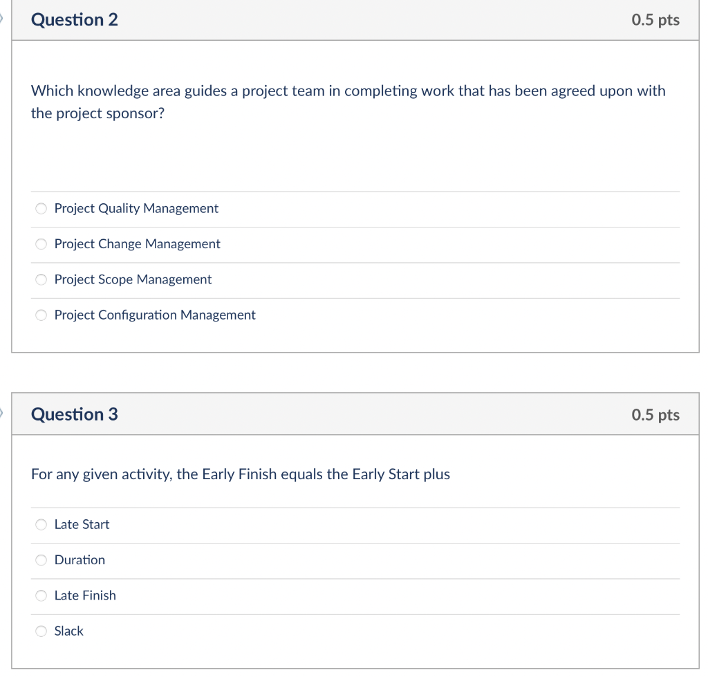 Question 2 0.5 pts Which knowledge area guides a