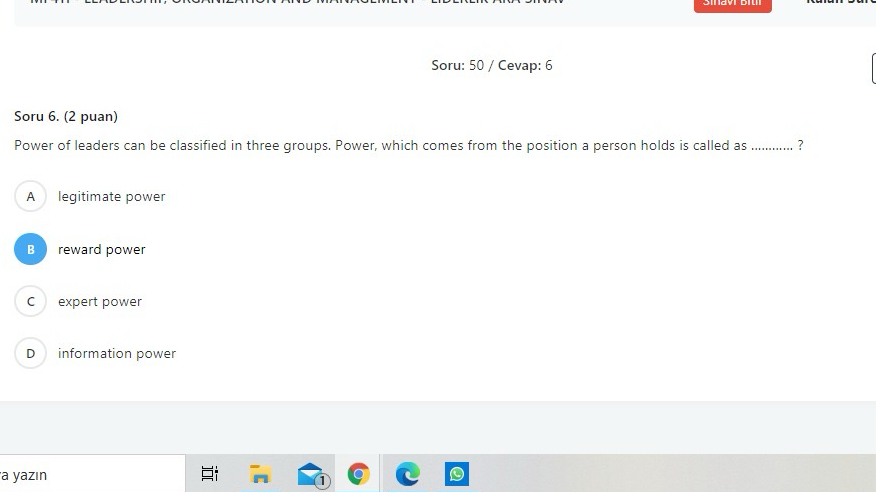 Soru: 5 0 / Cevap: 6 Soru 6 . ( 2 puan ) Power of