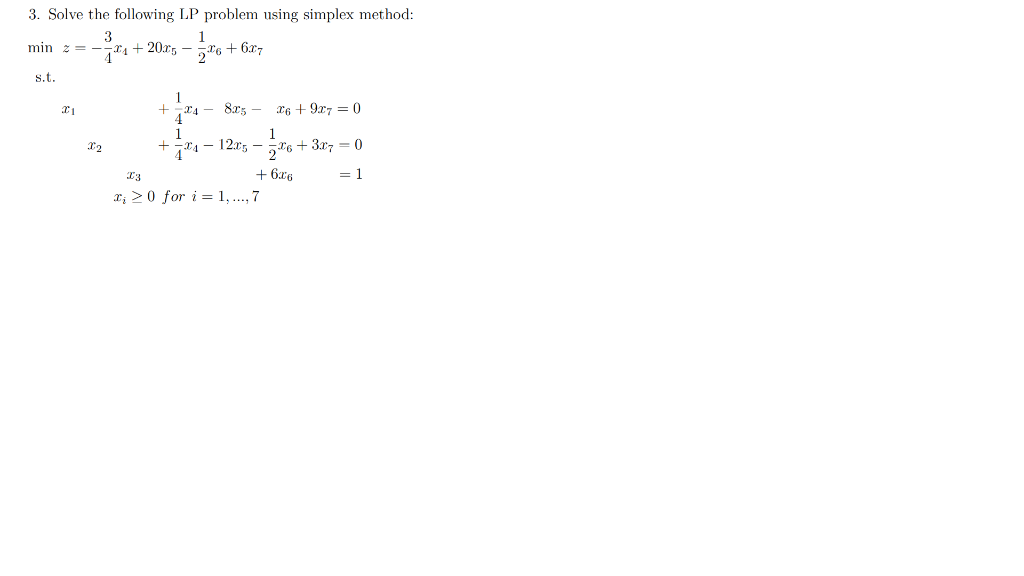 Solve the following LP problem using simplex