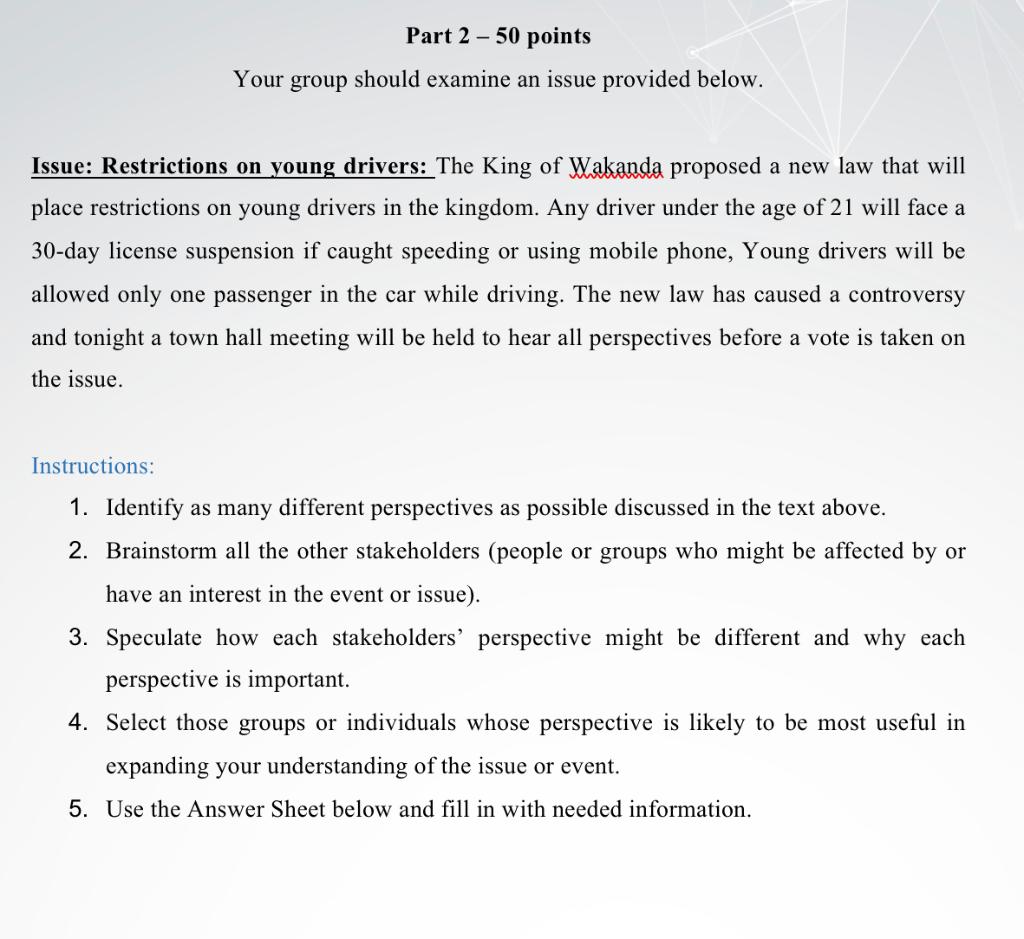 Part 2 - 50 points Your group should examine an