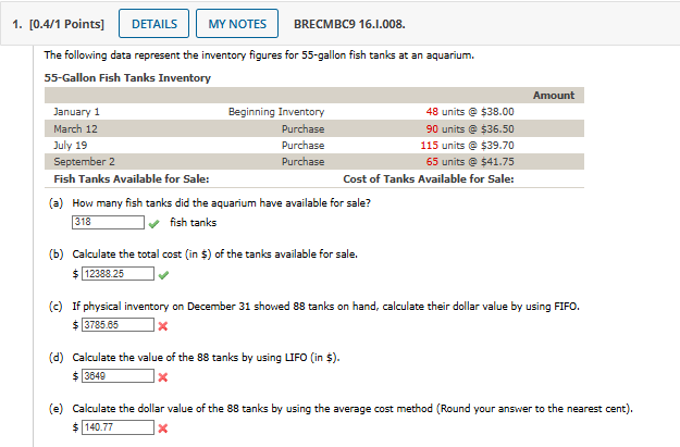 The following data represent the inventory