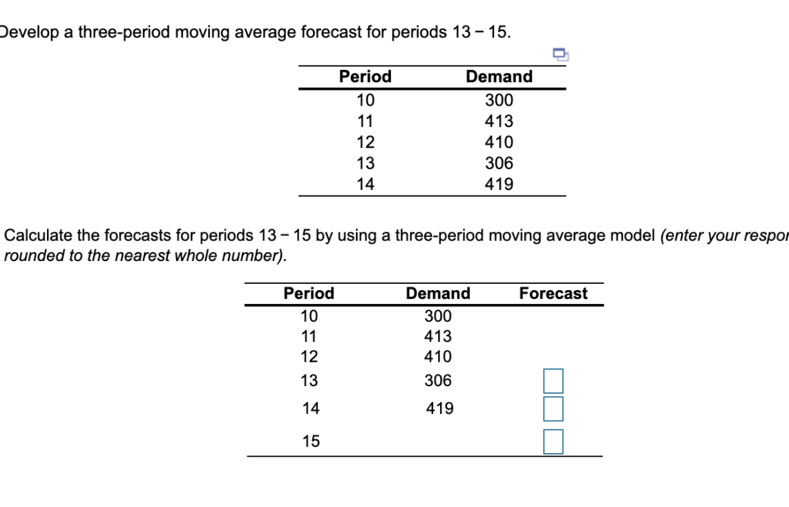 Develop a three-period moving average forecast