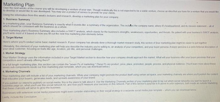 Marketing Plan Over the next weeks of the course