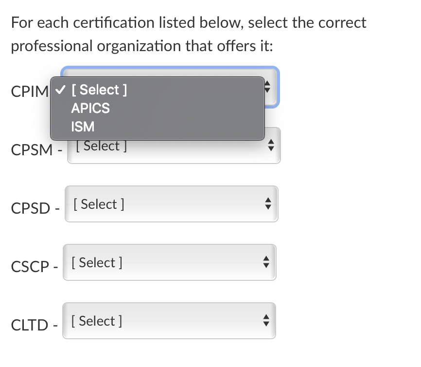 For each certification listed below, select the