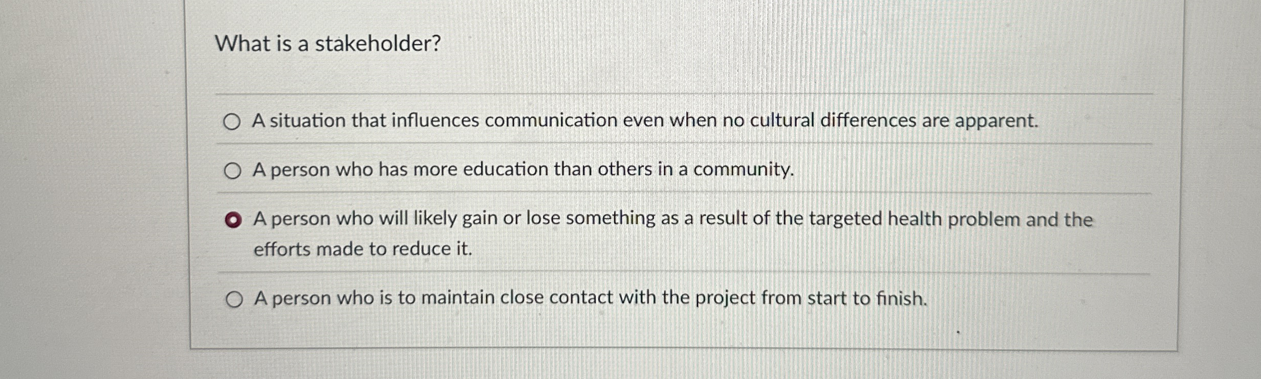 What is a stakeholder? A situation that