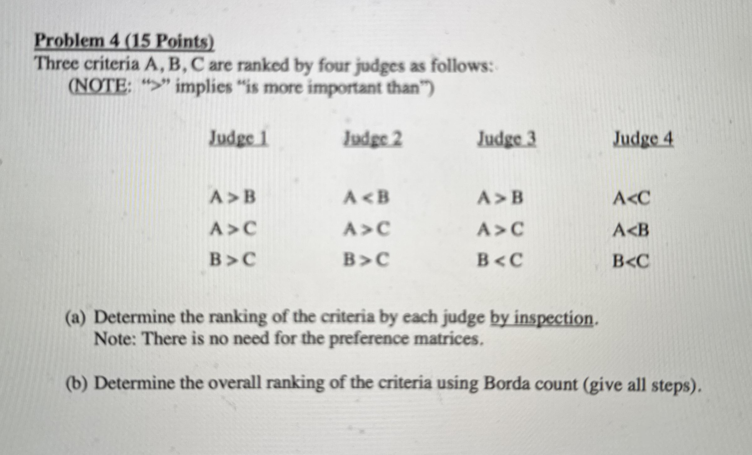 Three criteria A , B , C are ranked by four