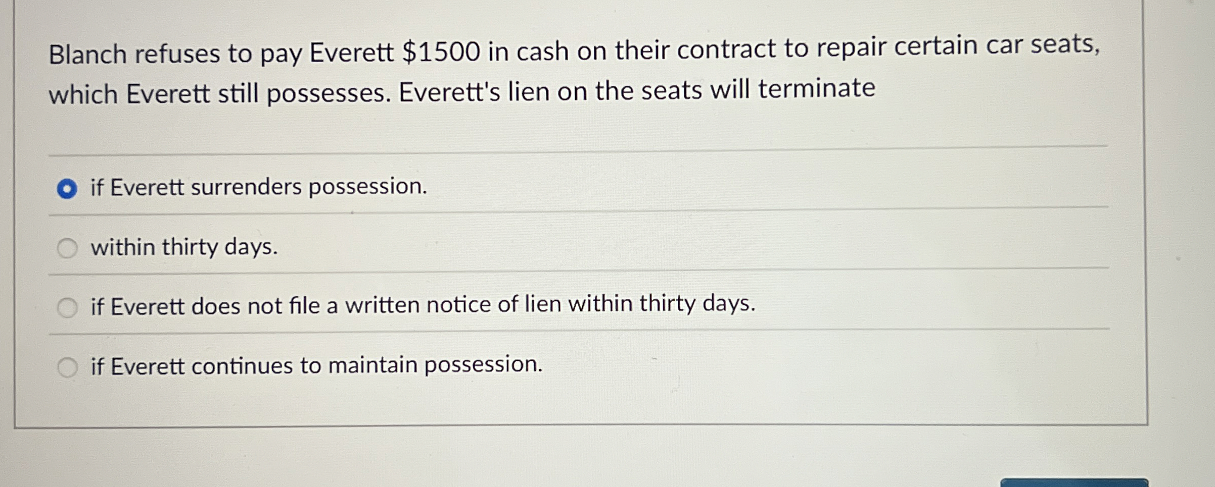 Blanch refuses to pay Everett $ 1 5 0 0 in cash