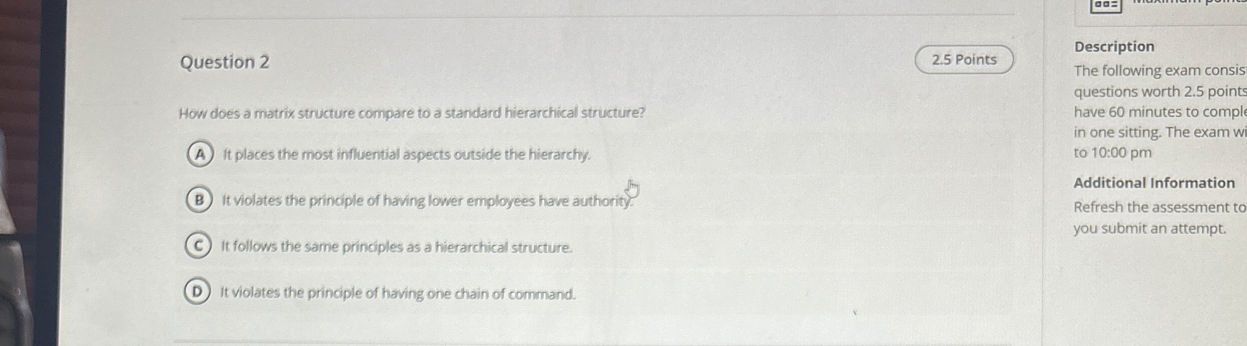 Question 2 How does a matrix structure compare to
