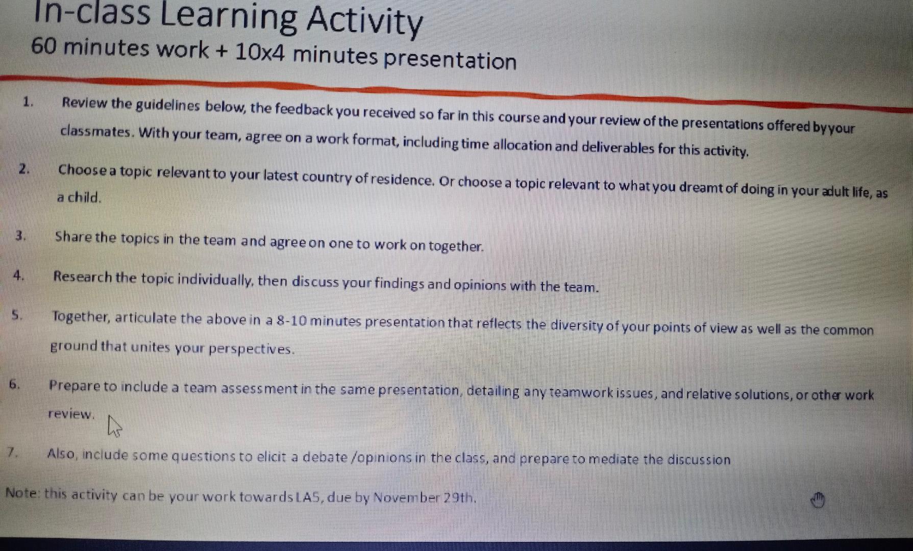 In-class Learning Activity 60 minutes work + 10x4