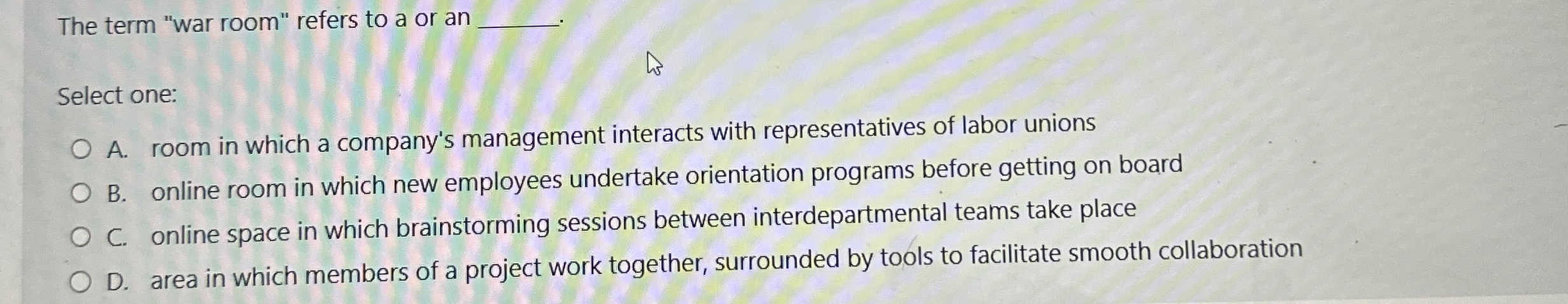 The term "war room" refers to a or ar q , Select