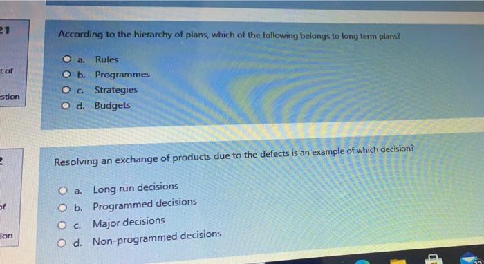 21 According to the hierarchy of plans, which of