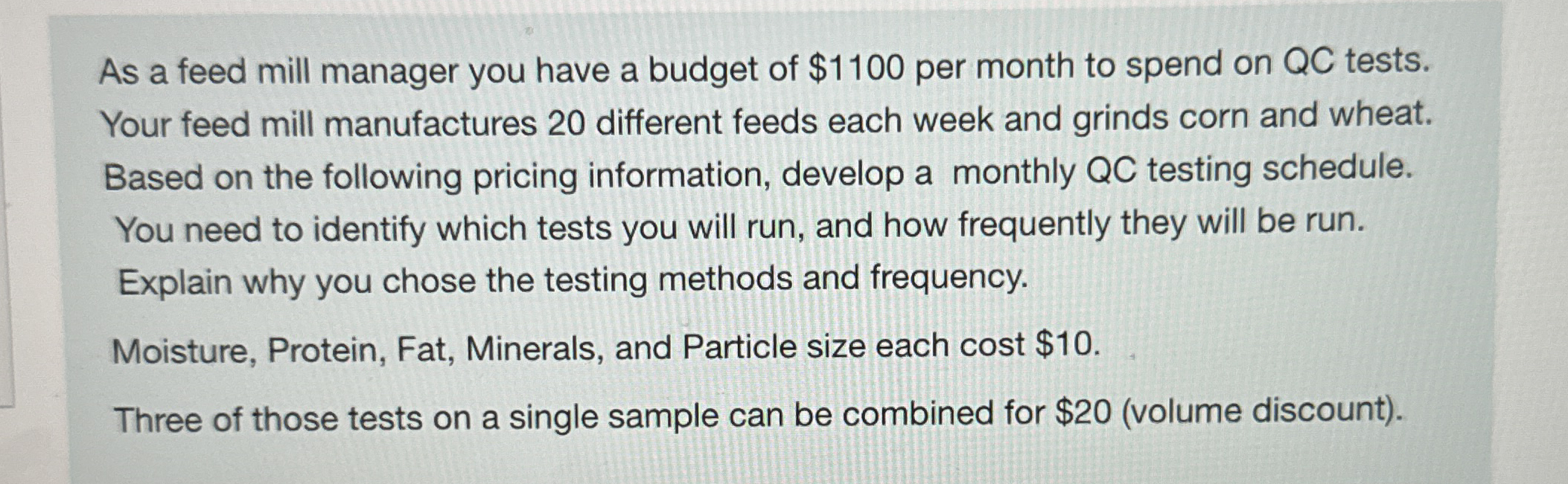As a feed mill manager you have a budget of $ 1 1