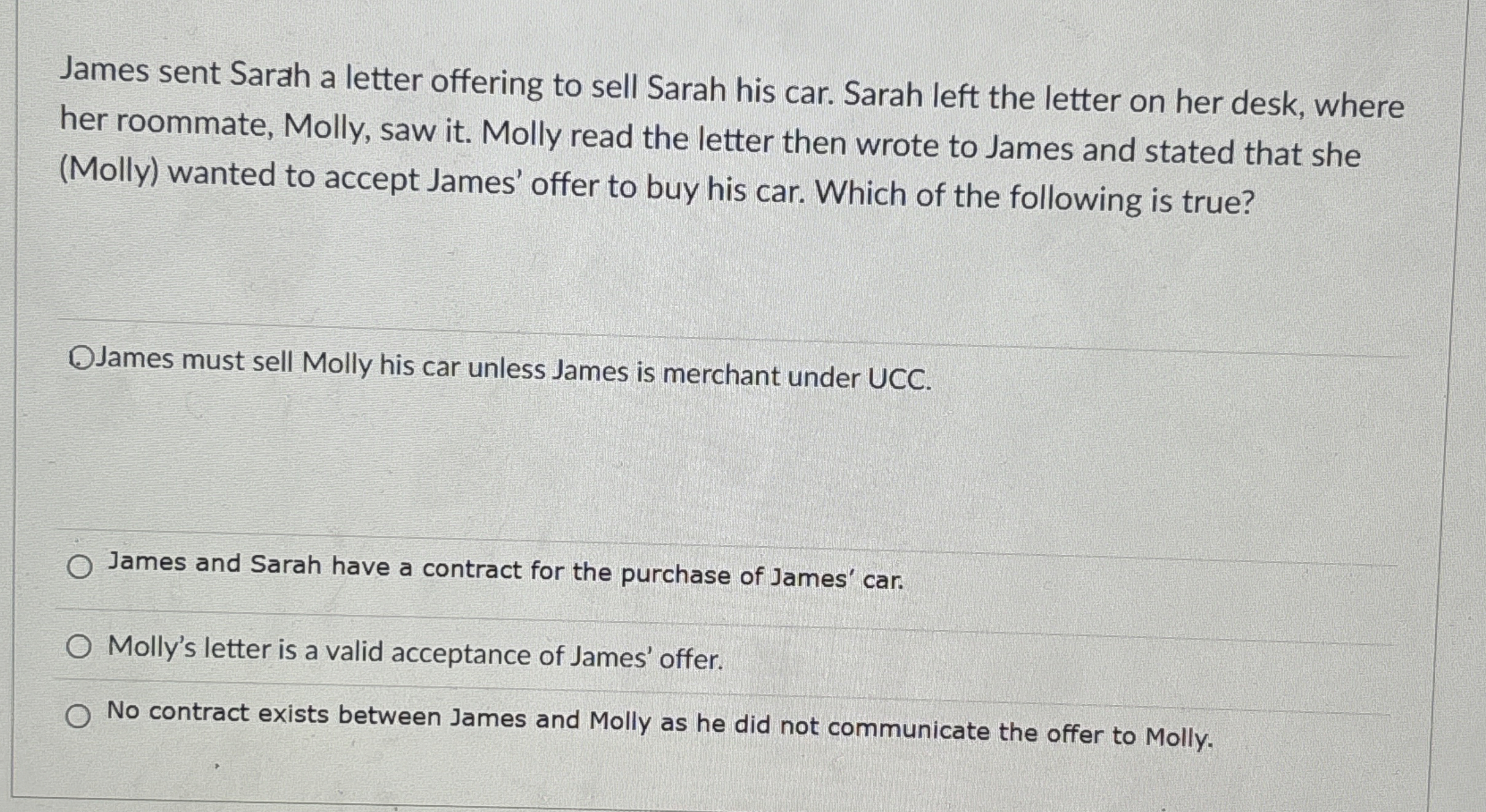 James sent Sarah a letter offering to sell Sarah